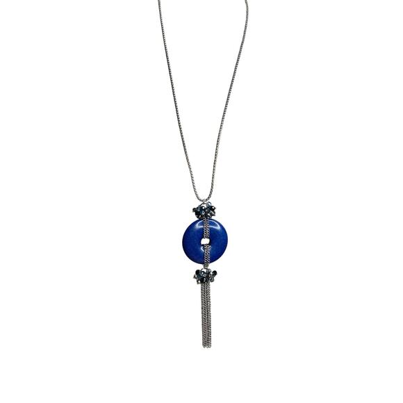 Large Cobalt Blue Donut Dangle Fringe Pendant Necklace - Picture 2 of 3